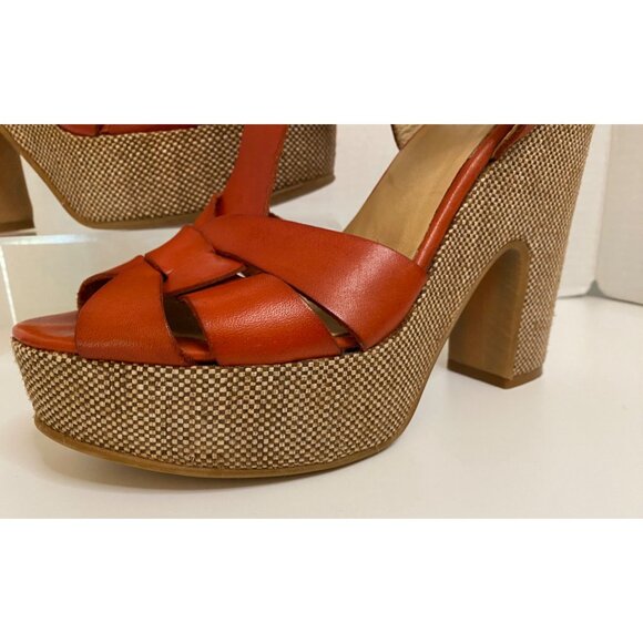 Spanish Leather Stacked Heel Women US 10.5 Sunburst Orange Sandals w/Ankle Strap - Picture 6 of 13